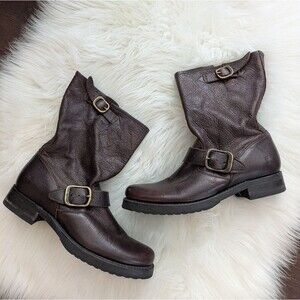 Frye Dark Brown Leather Moto Boots with Buckles